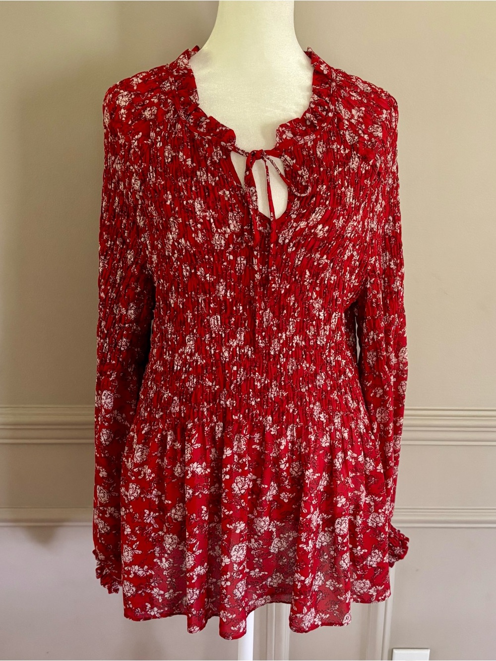 Red Floral Peasant Tunic Blouse with Tie Neck